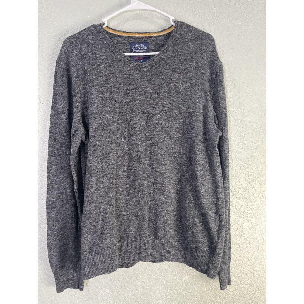 American Eagle Sweater Mens L Gray V-Neck Athletic Fit Cotton Logo Knit Pullover